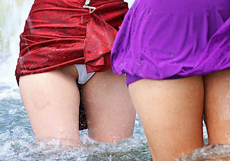 White panty peek at a fountain