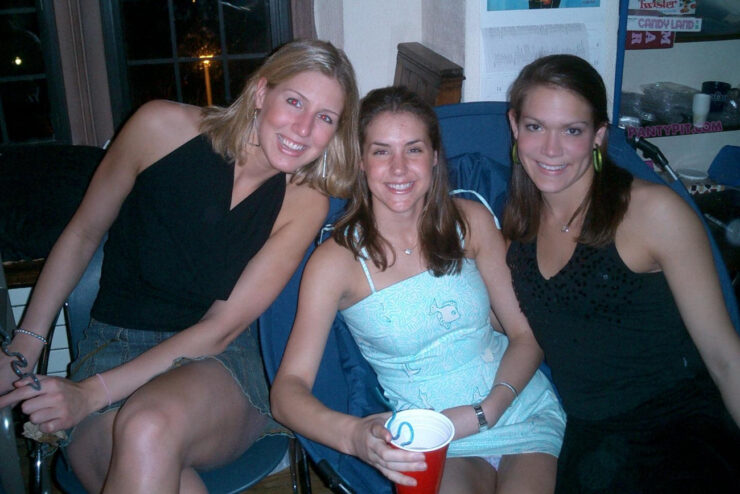 Group of 3 friends drinking and a sitting upskirt panty peek in the middle