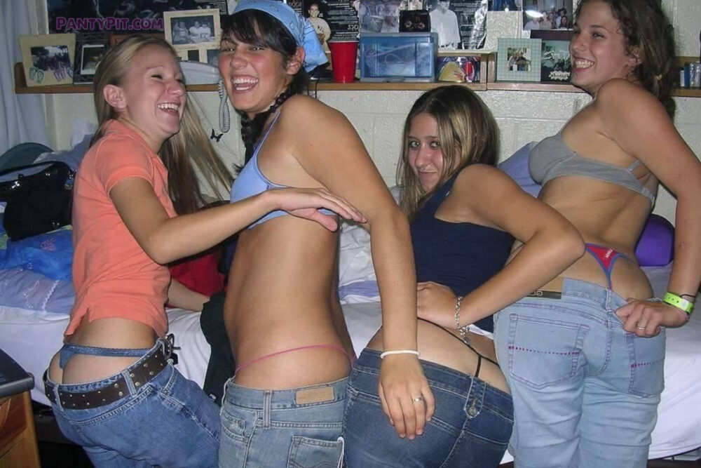 Friends dare each other to pull their jeans down and show thong